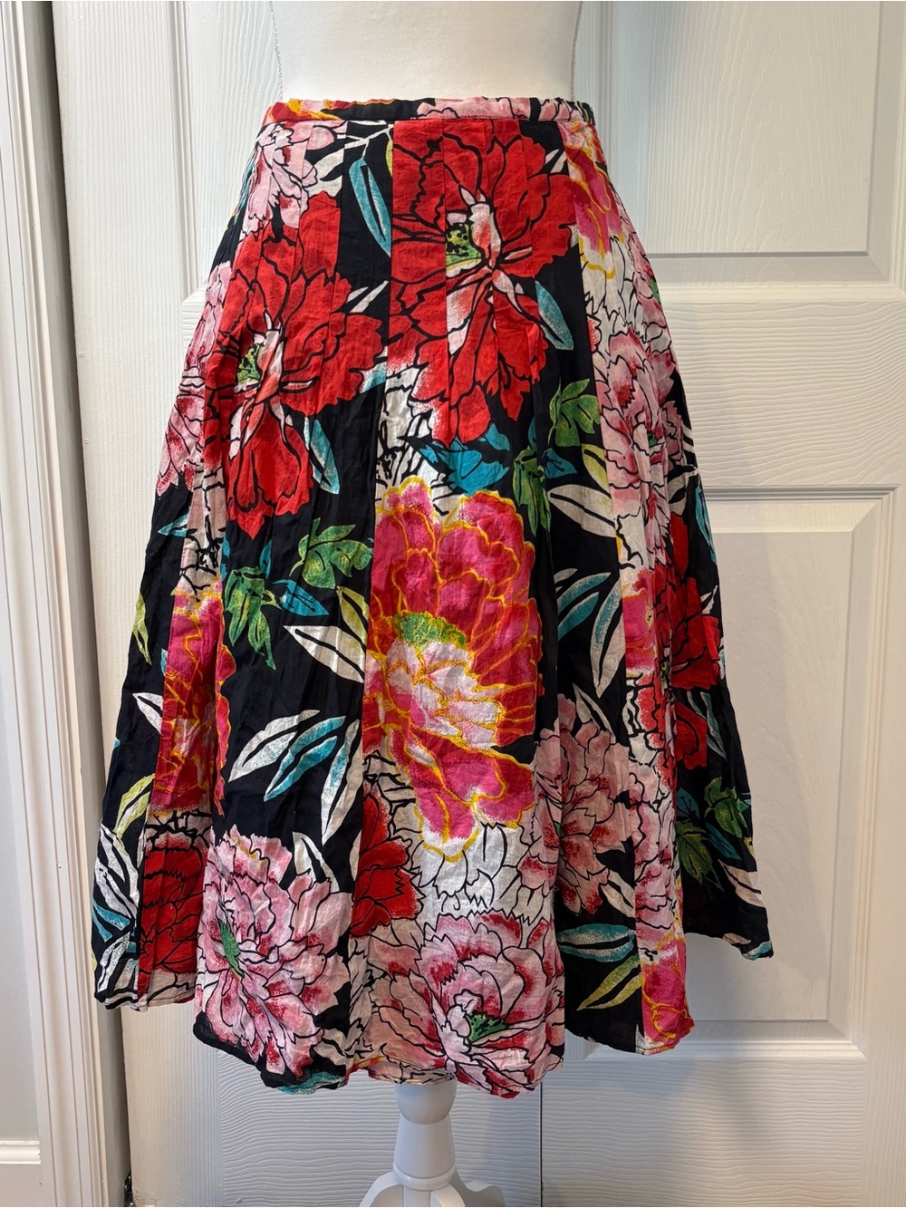 Floral Paneled Midi Skirt XL Cottagecore Elastic Waist Cotton Lined